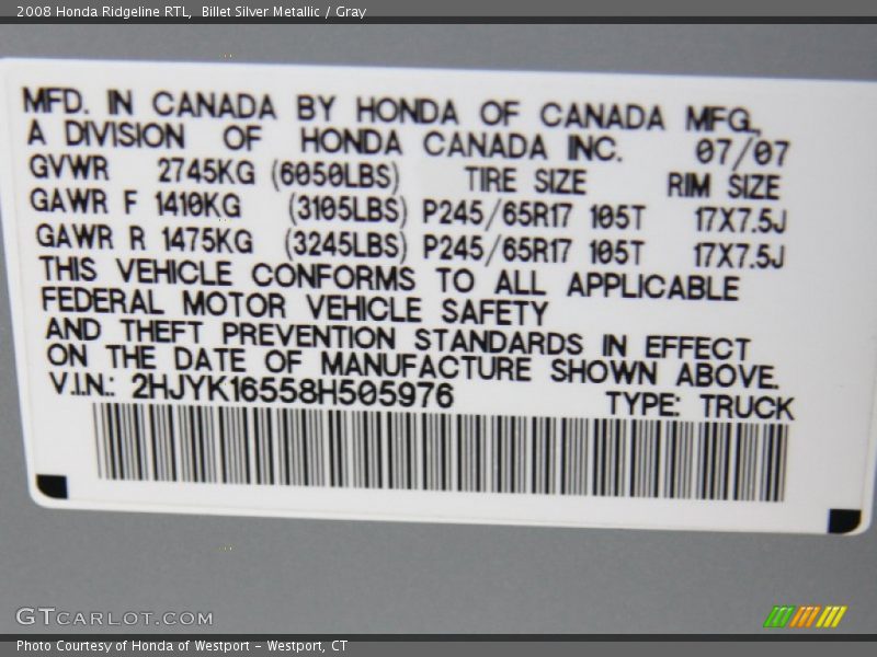 Billet Silver Metallic / Gray 2008 Honda Ridgeline RTL