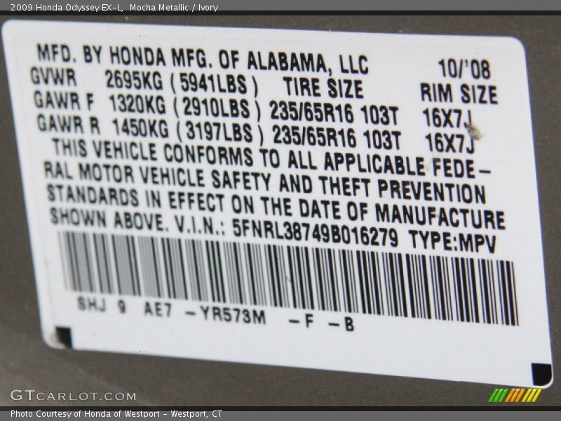 Mocha Metallic / Ivory 2009 Honda Odyssey EX-L