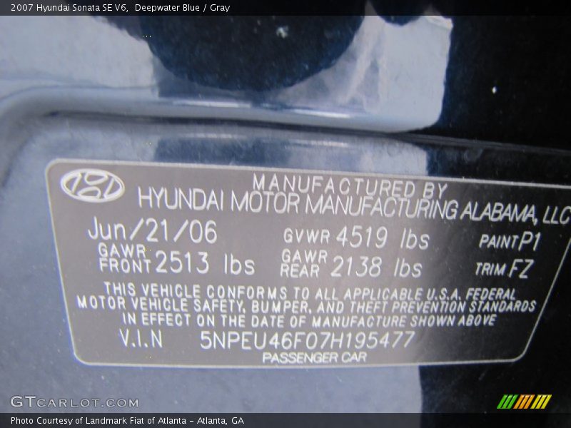 Deepwater Blue / Gray 2007 Hyundai Sonata SE V6