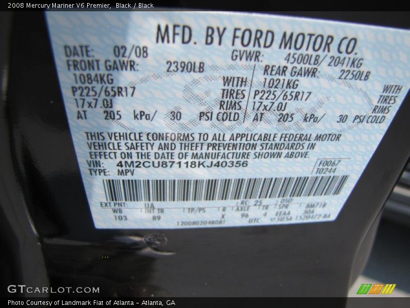 Black / Black 2008 Mercury Mariner V6 Premier