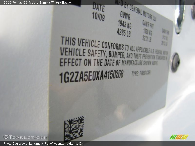 Summit White / Ebony 2010 Pontiac G6 Sedan