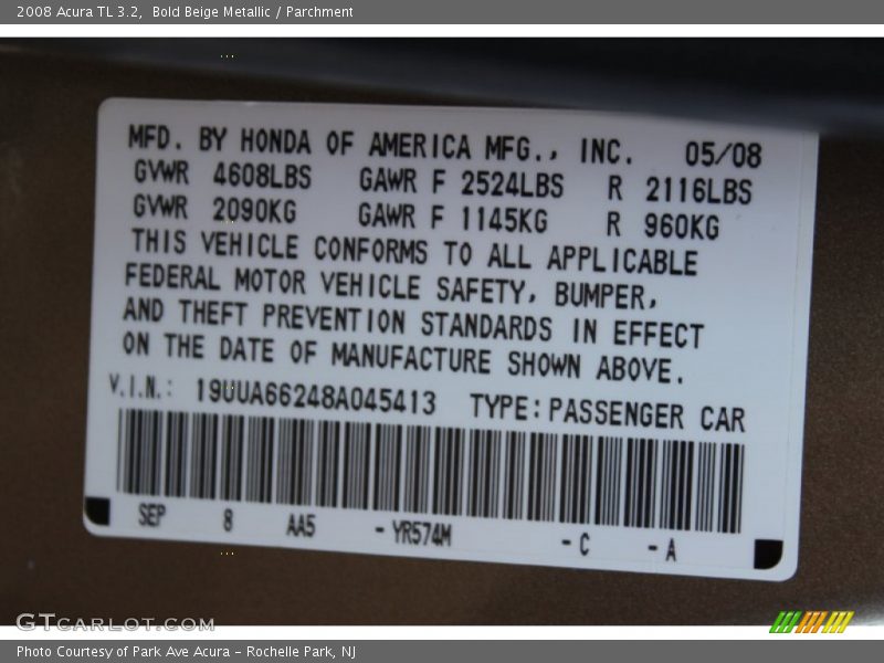 Bold Beige Metallic / Parchment 2008 Acura TL 3.2