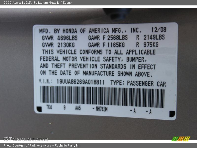 Palladium Metallic / Ebony 2009 Acura TL 3.5