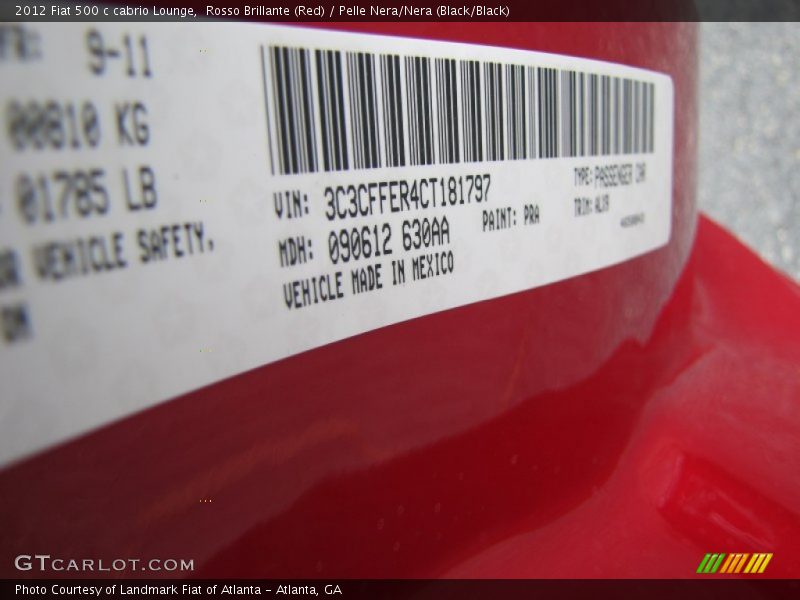 2012 500 c cabrio Lounge Rosso Brillante (Red) Color Code PRA