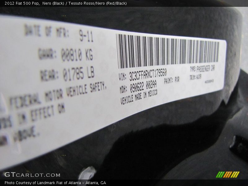 Nero (Black) / Tessuto Rosso/Nero (Red/Black) 2012 Fiat 500 Pop