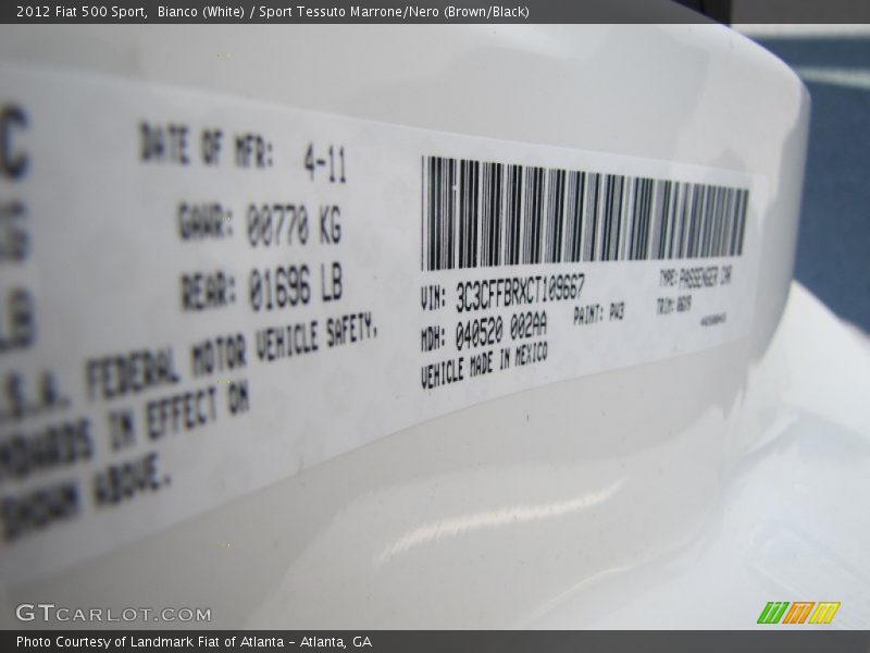 2012 500 Sport Bianco (White) Color Code PW3