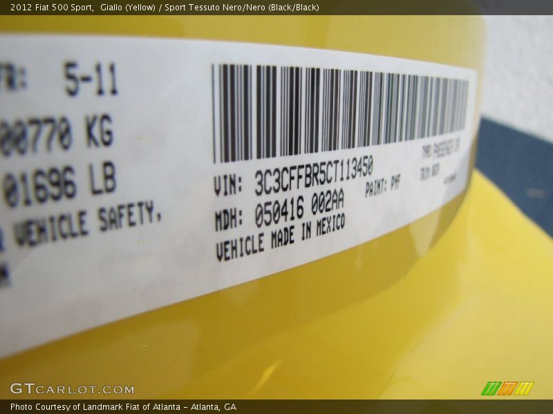 2012 500 Sport Giallo (Yellow) Color Code PYF