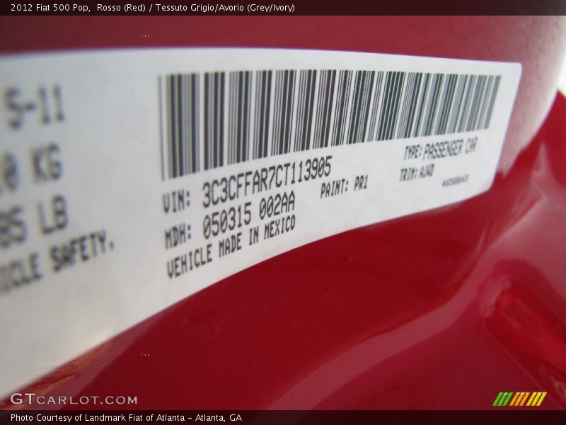 2012 500 Pop Rosso (Red) Color Code PR1