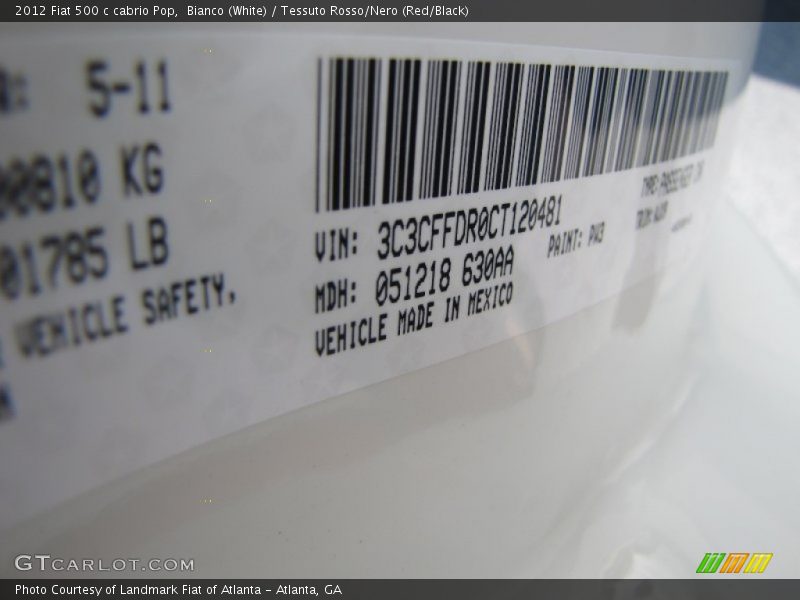 2012 500 c cabrio Pop Bianco (White) Color Code PW3