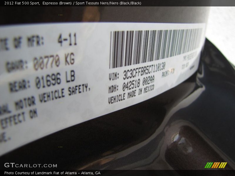 Espresso (Brown) / Sport Tessuto Nero/Nero (Black/Black) 2012 Fiat 500 Sport