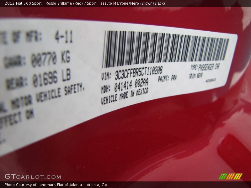 2012 500 Sport Rosso Brillante (Red) Color Code PRA