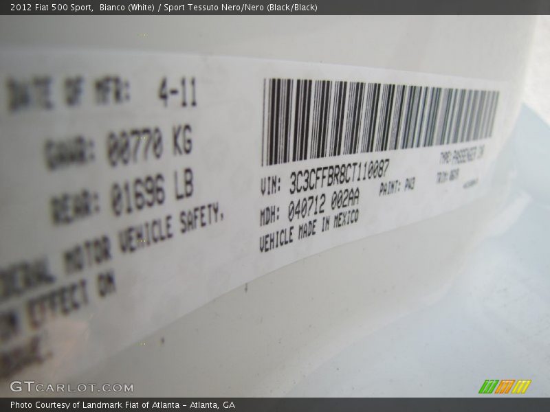 Bianco (White) / Sport Tessuto Nero/Nero (Black/Black) 2012 Fiat 500 Sport