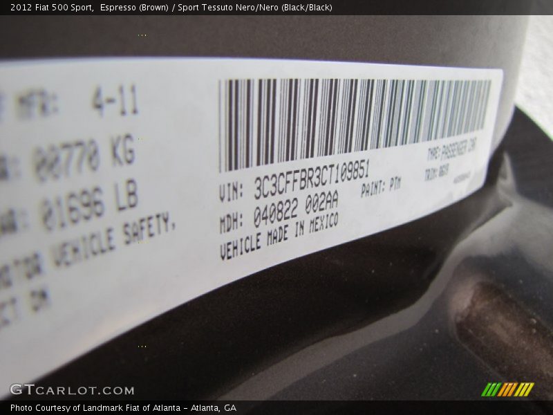 2012 500 Sport Espresso (Brown) Color Code PTM