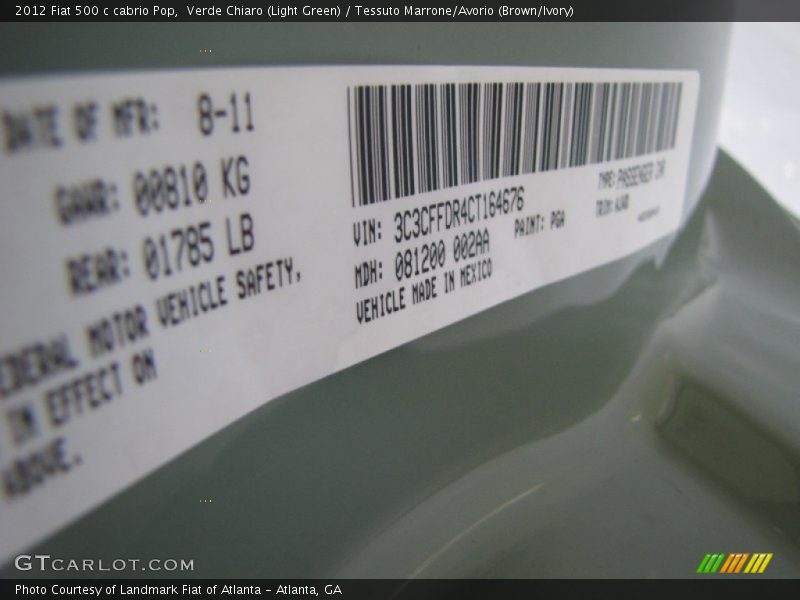 2012 500 c cabrio Pop Verde Chiaro (Light Green) Color Code PGA
