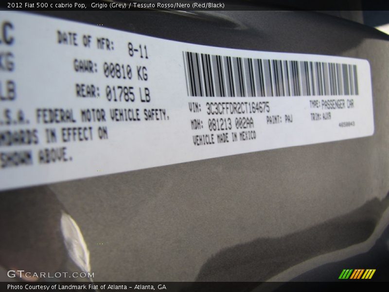2012 500 c cabrio Pop Grigio (Grey) Color Code PAJ