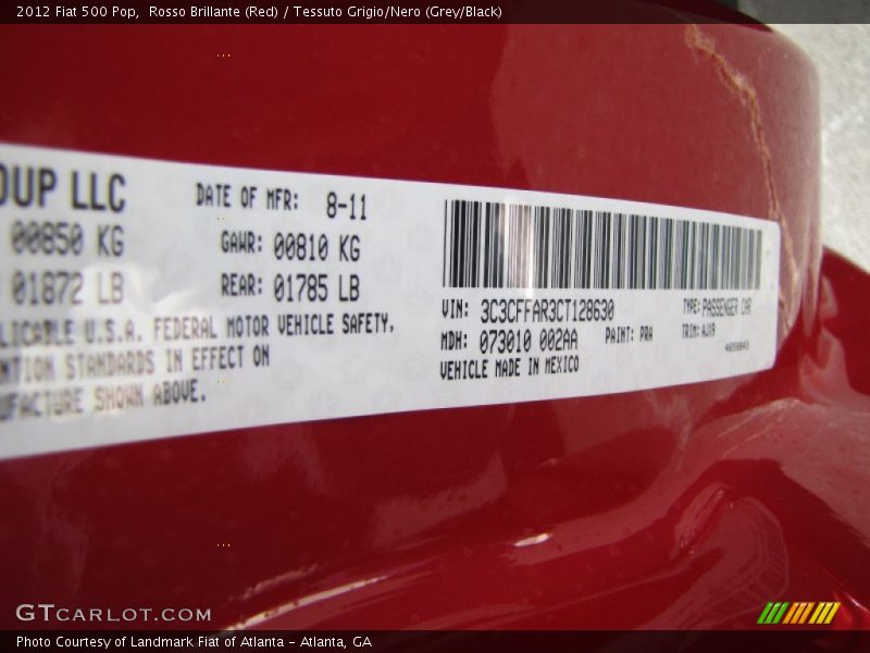 Rosso Brillante (Red) / Tessuto Grigio/Nero (Grey/Black) 2012 Fiat 500 Pop