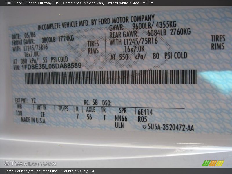 2006 E Series Cutaway E350 Commercial Moving Van Oxford White Color Code YZ