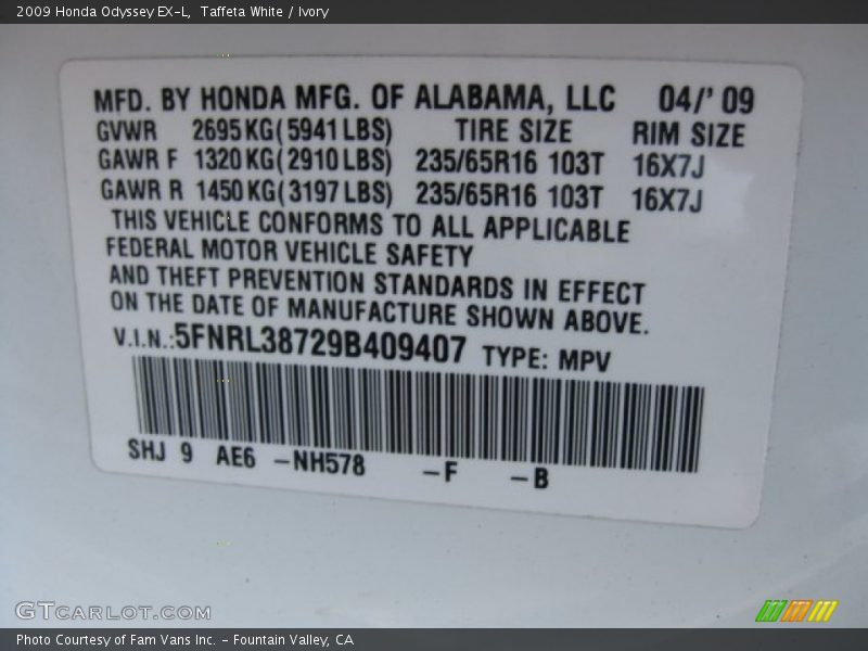 Taffeta White / Ivory 2009 Honda Odyssey EX-L