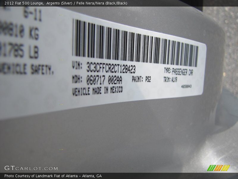 2012 500 Lounge Argento (Silver) Color Code PS2