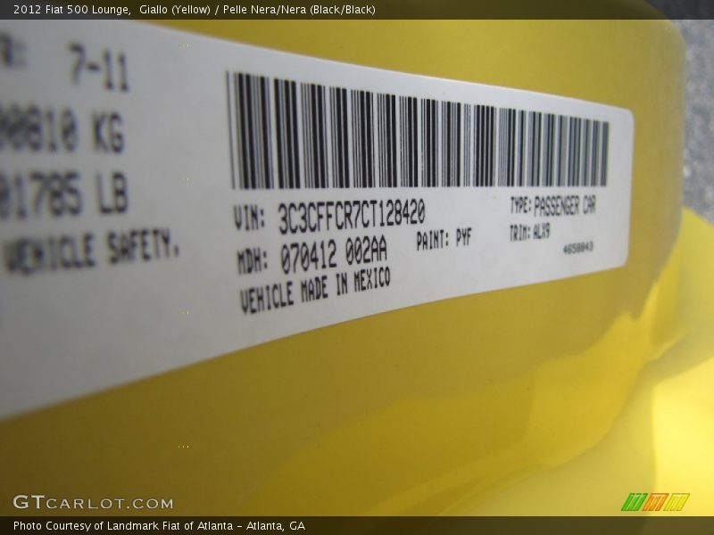 2012 500 Lounge Giallo (Yellow) Color Code PYF