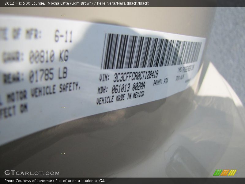 Mocha Latte (Light Brown) / Pelle Nera/Nera (Black/Black) 2012 Fiat 500 Lounge