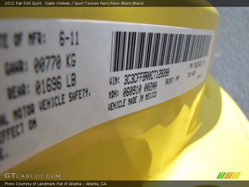 Giallo (Yellow) / Sport Tessuto Nero/Nero (Black/Black) 2012 Fiat 500 Sport