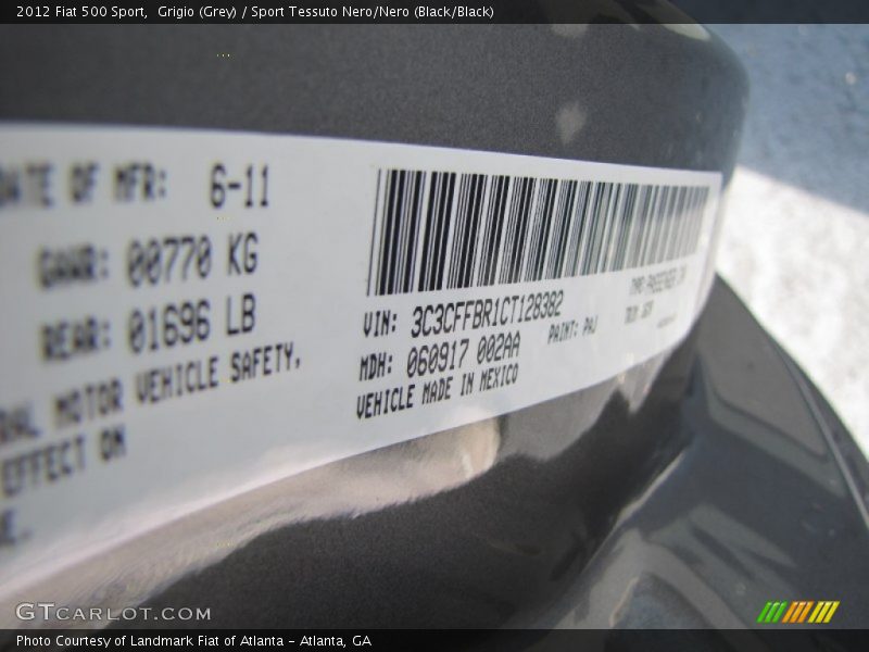 Grigio (Grey) / Sport Tessuto Nero/Nero (Black/Black) 2012 Fiat 500 Sport