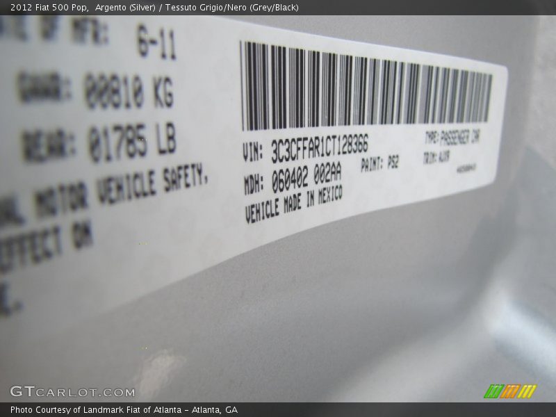 2012 500 Pop Argento (Silver) Color Code PS2