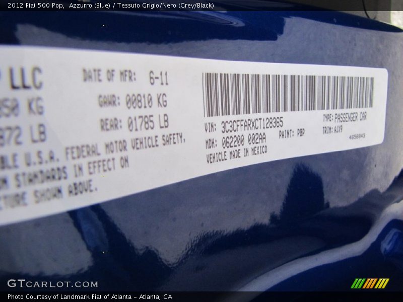 2012 500 Pop Azzurro (Blue) Color Code PBP