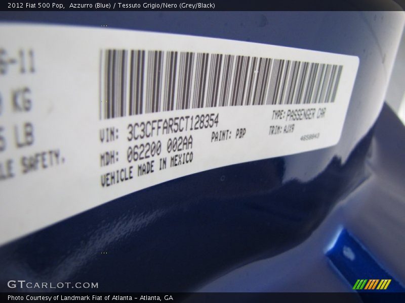 2012 500 Pop Azzurro (Blue) Color Code PBP