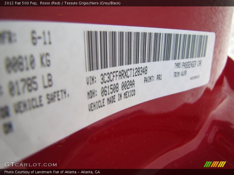 2012 500 Pop Rosso (Red) Color Code PR1