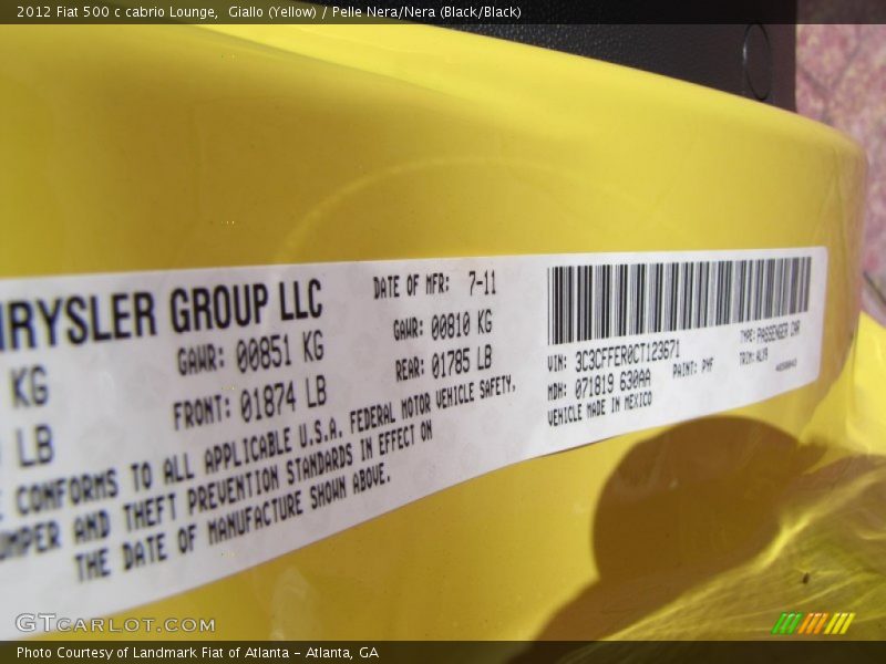 2012 500 c cabrio Lounge Giallo (Yellow) Color Code PYF
