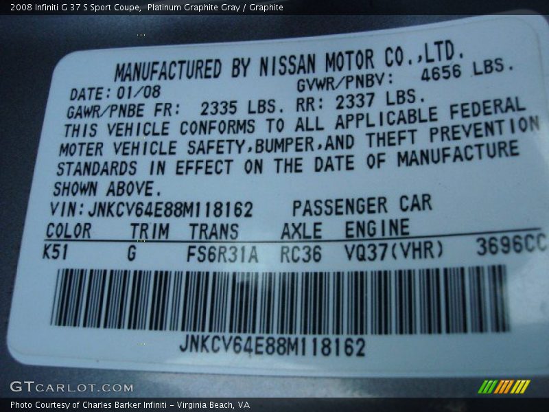 2008 G 37 S Sport Coupe Platinum Graphite Gray Color Code K51