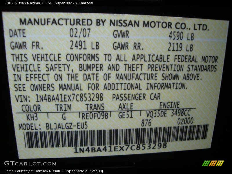 Super Black / Charcoal 2007 Nissan Maxima 3.5 SL