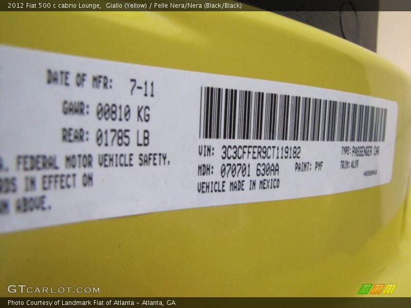 2012 500 c cabrio Lounge Giallo (Yellow) Color Code PYF