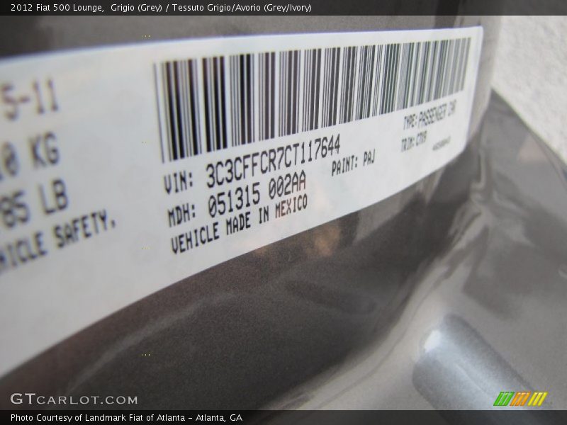 2012 500 Lounge Grigio (Grey) Color Code PAJ