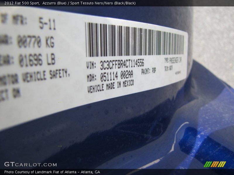 2012 500 Sport Azzurro (Blue) Color Code PBP