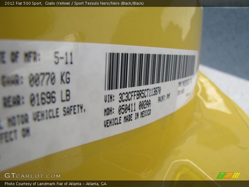 2012 500 Sport Giallo (Yellow) Color Code PYF