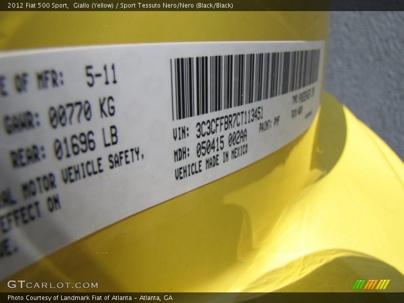 Giallo (Yellow) / Sport Tessuto Nero/Nero (Black/Black) 2012 Fiat 500 Sport