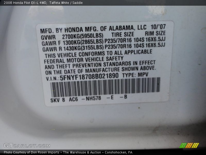 Taffeta White / Saddle 2008 Honda Pilot EX-L 4WD