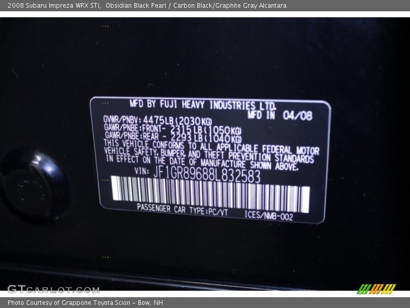 Obsidian Black Pearl / Carbon Black/Graphite Gray Alcantara 2008 Subaru Impreza WRX STi