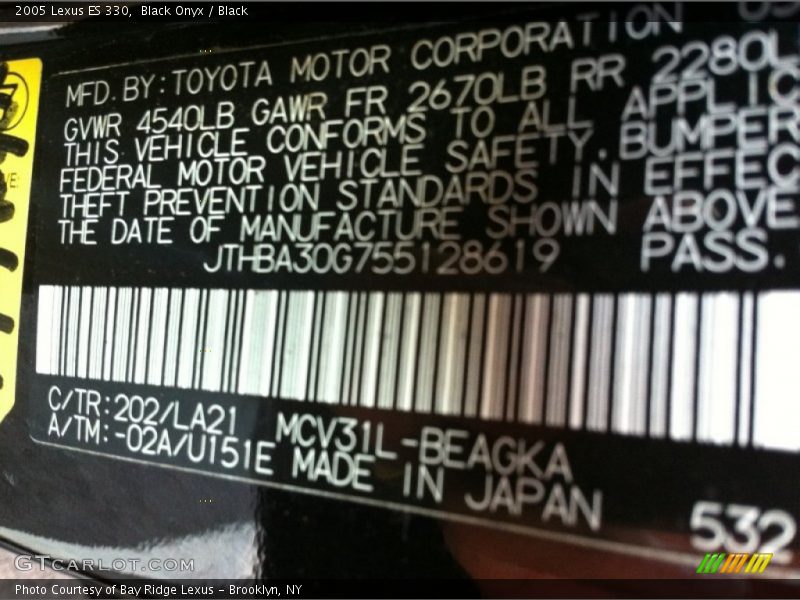 Black Onyx / Black 2005 Lexus ES 330