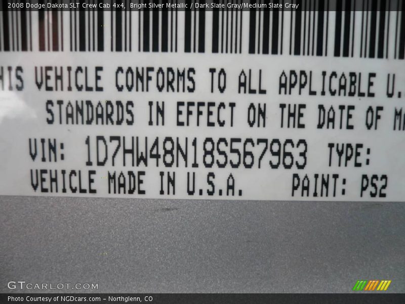 Bright Silver Metallic / Dark Slate Gray/Medium Slate Gray 2008 Dodge Dakota SLT Crew Cab 4x4