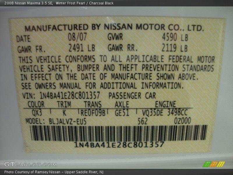 Winter Frost Pearl / Charcoal Black 2008 Nissan Maxima 3.5 SE