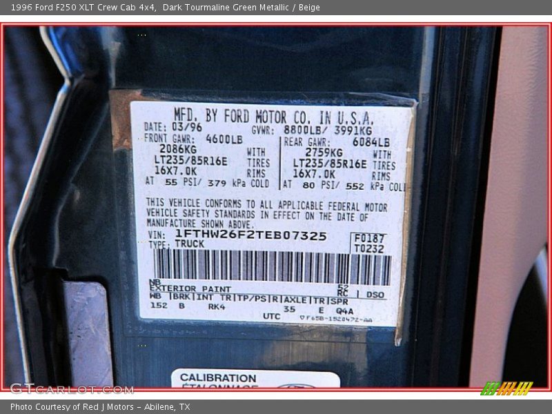 1996 F250 XLT Crew Cab 4x4 Dark Tourmaline Green Metallic Color Code NB