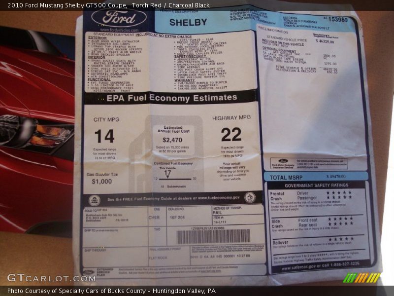  2010 Mustang Shelby GT500 Coupe Window Sticker