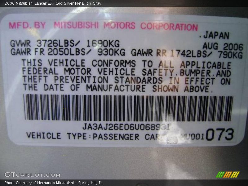 Cool Silver Metallic / Gray 2006 Mitsubishi Lancer ES