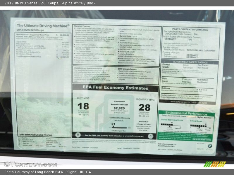  2012 3 Series 328i Coupe Window Sticker