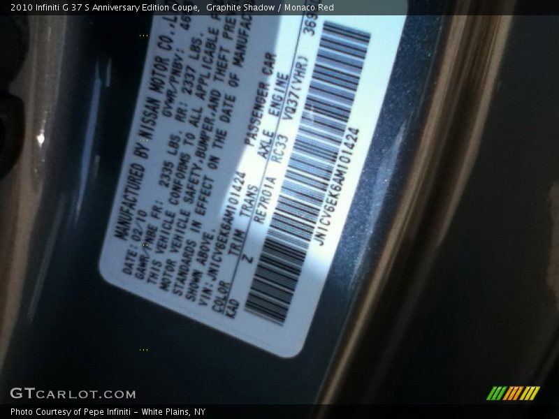 2010 G 37 S Anniversary Edition Coupe Graphite Shadow Color Code KAD