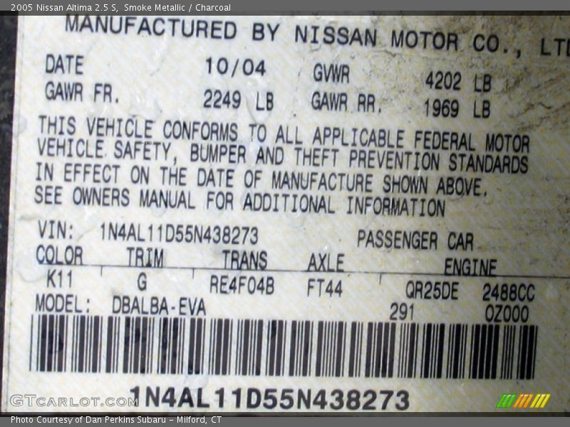 Smoke Metallic / Charcoal 2005 Nissan Altima 2.5 S